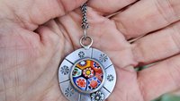 Vintage Millefiori Primary Colors Glass Button Sterling Silver Hand Stamped Floral Pendant Necklace