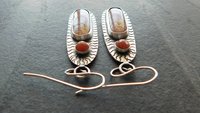 Rust Red Brown Ribbon Jasper Brown Moonstone Oxidized Sterling Silver Hand Stamped Dangle Earrings