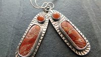 Rust Red Brown Ribbon Jasper Brown Moonstone Oxidized Sterling Silver Hand Stamped Dangle Earrings