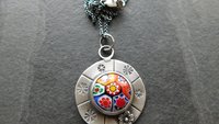 Vintage Millefiori Primary Colors Glass Button Sterling Silver Hand Stamped Floral Pendant Necklace
