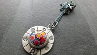 Vintage Millefiori Primary Colors Glass Button Sterling Silver Hand Stamped Floral Pendant Necklace