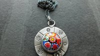 Vintage Millefiori Primary Colors Glass Button Sterling Silver Hand Stamped Floral Pendant Necklace