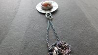 Vintage Millefiori Primary Colors Glass Button Sterling Silver Hand Stamped Floral Pendant Necklace