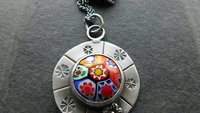 Vintage Millefiori Primary Colors Glass Button Sterling Silver Hand Stamped Floral Pendant Necklace