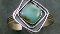 Peruvian Blue Opal Statement Cuff, Oxidized Sterling Silver, Geometric Wire Stone Bracelet