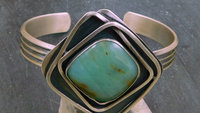 Peruvian Blue Opal Statement Cuff, Oxidized Sterling Silver, Geometric Wire Stone Bracelet