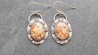 Leopard Skin Jasper Sterling Bronze Earrings, Mixed Metal Earth Tone Stone Dangles