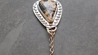 Petrified Palm Wood Black Gold Stone Sterling Silver Flame Pendant, Fire Pattern Mixed Metal Modernist Necklace
