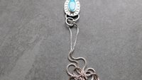 American Turquoise Sterling Silver Stamped Pendant, Kingman Turquoise Boho Necklace