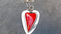 Red Lampwork Glass Heart Sterling Silver Pendant, Rose Heart Asymmetrical Statement Necklace