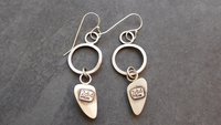 Petrified Fern Mod Hoop Sterling Silver Earrings, Black Tan Stone Dangle Hoops