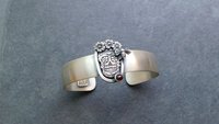 Sterling Silver Sugar Skull Floral Garnet Cuff Bracelet, Day Of The Dead Jewelry