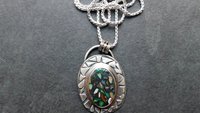 Ethiopian Opal Mosaic Stone Sterling Silver Modernist Pendant, Welo Opal Mosaic Design Necklace