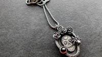 Sugar Skull Roses Spider Red Garnet Gemstone Sterling Silver Pendant Necklace