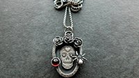 Sugar Skull Roses Spider Red Garnet Gemstone Sterling Silver Pendant Necklace