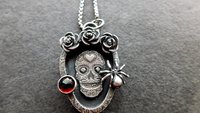 Sugar Skull Roses Spider Red Garnet Gemstone Sterling Silver Pendant Necklace