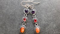 Orange Sunstone Deep Pink Spinel Purple Amethyst Jewel Tone Multi Stone Sterling Silver Earrings