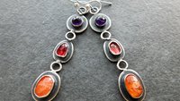 Orange Sunstone Deep Pink Spinel Purple Amethyst Jewel Tone Multi Stone Sterling Silver Earrings