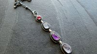 Long Gemstone Dangle Oxidized Sterling Silver Pendant Dark Pink Tourmaline Iolite Amethyst Multi Stone Necklace