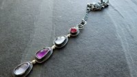 Long Gemstone Dangle Oxidized Sterling Silver Pendant Dark Pink Tourmaline Iolite Amethyst Multi Stone Necklace