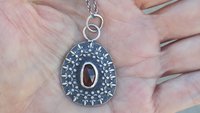 Deep Red Garnet Oxidized Sterling Silver Ornate Wire Pendant Necklace