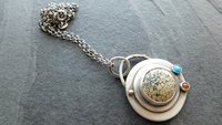Yellow Variscite Carnelian Turquoise Multi Stone Sterling Silver 14k Gold Pendant Necklace