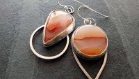 Fiery Orange Brazilian Parana Agate Mismatched Sterling Silver Modernist Statement Earrings