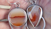 Fiery Orange Brazilian Parana Agate Mismatched Sterling Silver Modernist Statement Earrings