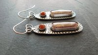 Rust Red Brown Ribbon Jasper Brown Moonstone Oxidized Sterling Silver Hand Stamped Dangle Earrings