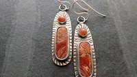 Rust Red Brown Ribbon Jasper Brown Moonstone Oxidized Sterling Silver Hand Stamped Dangle Earrings