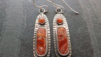Rust Red Brown Ribbon Jasper Brown Moonstone Oxidized Sterling Silver Hand Stamped Dangle Earrings