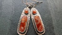 Rust Red Brown Ribbon Jasper Brown Moonstone Oxidized Sterling Silver Hand Stamped Dangle Earrings