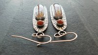 Rust Red Brown Ribbon Jasper Brown Moonstone Oxidized Sterling Silver Hand Stamped Dangle Earrings