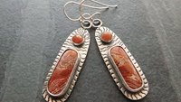 Rust Red Brown Ribbon Jasper Brown Moonstone Oxidized Sterling Silver Hand Stamped Dangle Earrings