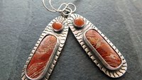 Rust Red Brown Ribbon Jasper Brown Moonstone Oxidized Sterling Silver Hand Stamped Dangle Earrings