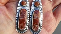 Rust Red Brown Ribbon Jasper Brown Moonstone Oxidized Sterling Silver Hand Stamped Dangle Earrings