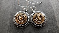 Vintage 1970s Gold-tone Metal Compass Button Sterling Silver Dangle Earrings