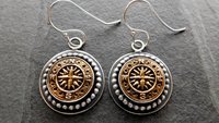 Vintage 1970s Gold-tone Metal Compass Button Sterling Silver Dangle Earrings