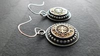 Vintage 1970s Gold-tone Metal Compass Button Sterling Silver Dangle Earrings