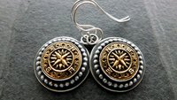 Vintage 1970s Gold-tone Metal Compass Button Sterling Silver Dangle Earrings