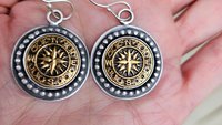 Vintage 1970s Gold-tone Metal Compass Button Sterling Silver Dangle Earrings