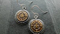 Vintage 1970s Gold-tone Metal Compass Button Sterling Silver Dangle Earrings