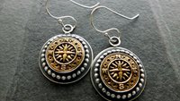 Vintage 1970s Gold-tone Metal Compass Button Sterling Silver Dangle Earrings