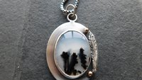 Dendritic Agate Feathers Oxidized Sterling Silver 14K Gold Mixed Metal Pendant Necklace