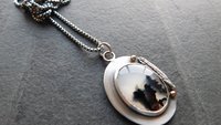 Dendritic Agate Feathers Oxidized Sterling Silver 14K Gold Mixed Metal Pendant Necklace