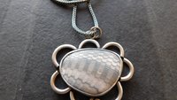 Fossil Clam Shell Scalloped Edge Oxidized Sterling Silver Pendant Necklace