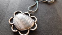 Fossil Clam Shell Scalloped Edge Oxidized Sterling Silver Pendant Necklace
