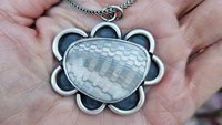 Fossil Clam Shell Scalloped Edge Oxidized Sterling Silver Pendant Necklace