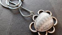 Fossil Clam Shell Scalloped Edge Oxidized Sterling Silver Pendant Necklace