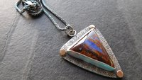 Australian Boulder Opal Textured Sterling Silver 14K Gold Mixed Metal Pendant Necklace